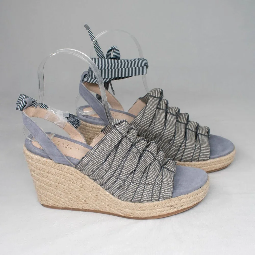 Cecelia New York Serena‎ Off Denim Faded Jeans Espadrille Wedge Platform Sandals